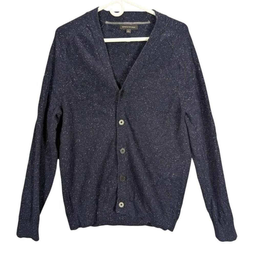 Banana Republic Cardigan Sweater Mens Large Navy V Neck Silk Merino Wool Blend